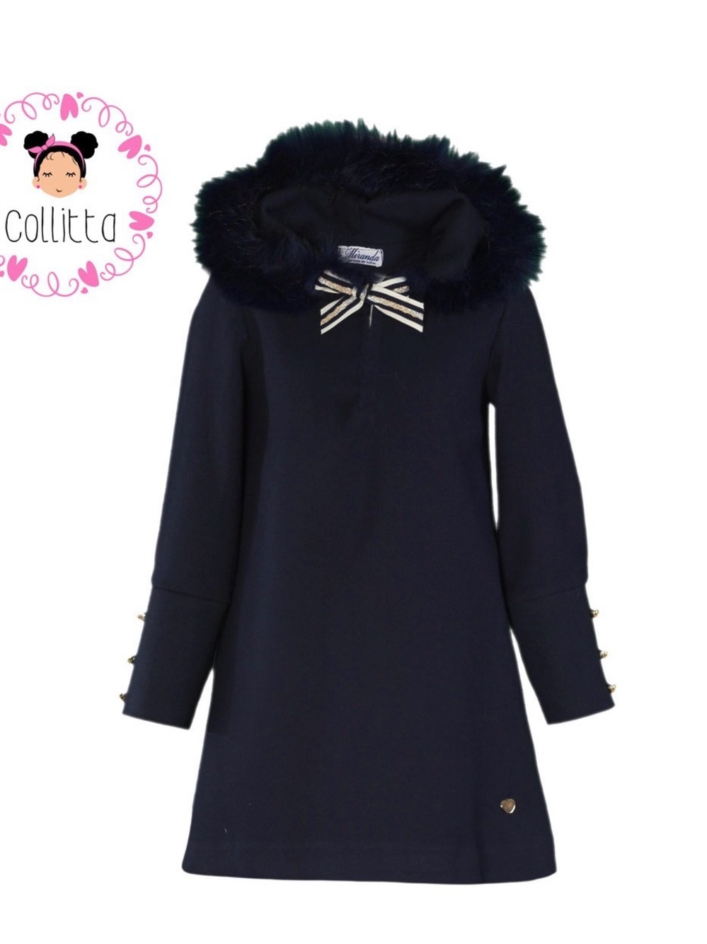 Girls' Navy Bow-Accent Faux-Fur Hood Coat